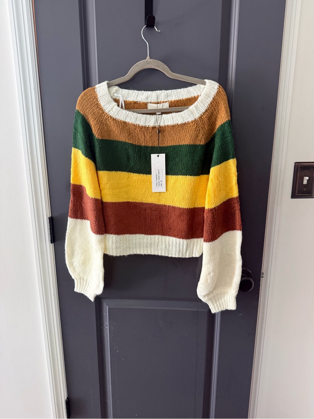 Dance & Marvel Striped Crewneck Sweater in Yellow, Brown, White and Dark Green